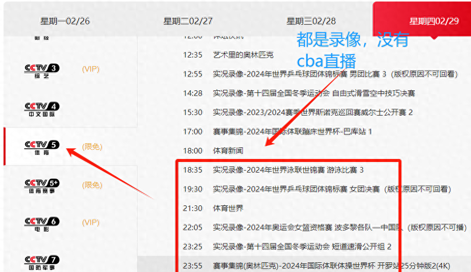 央视cctv5直播节目表