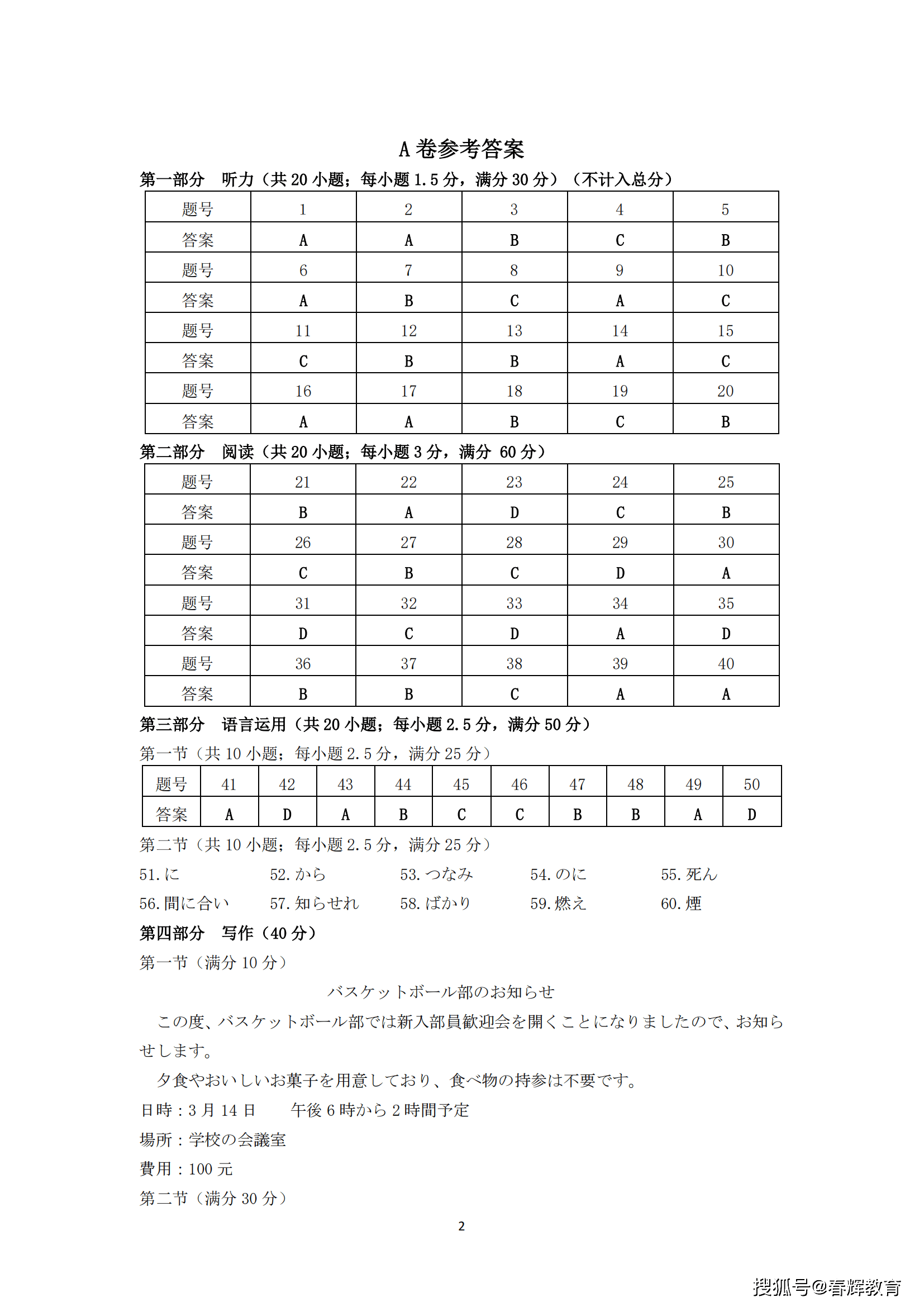 新题型 2024年山西省高考考前适应性测试日语a卷试题答案