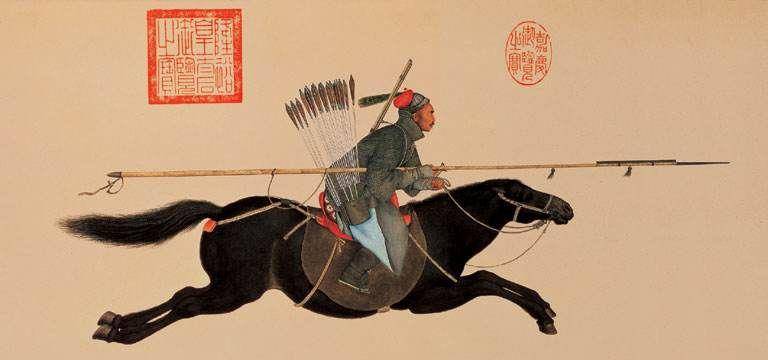 表现了格登山之战中阿玉锡奇袭达瓦齐大营的情景郎世宁所绘《阿玉锡持