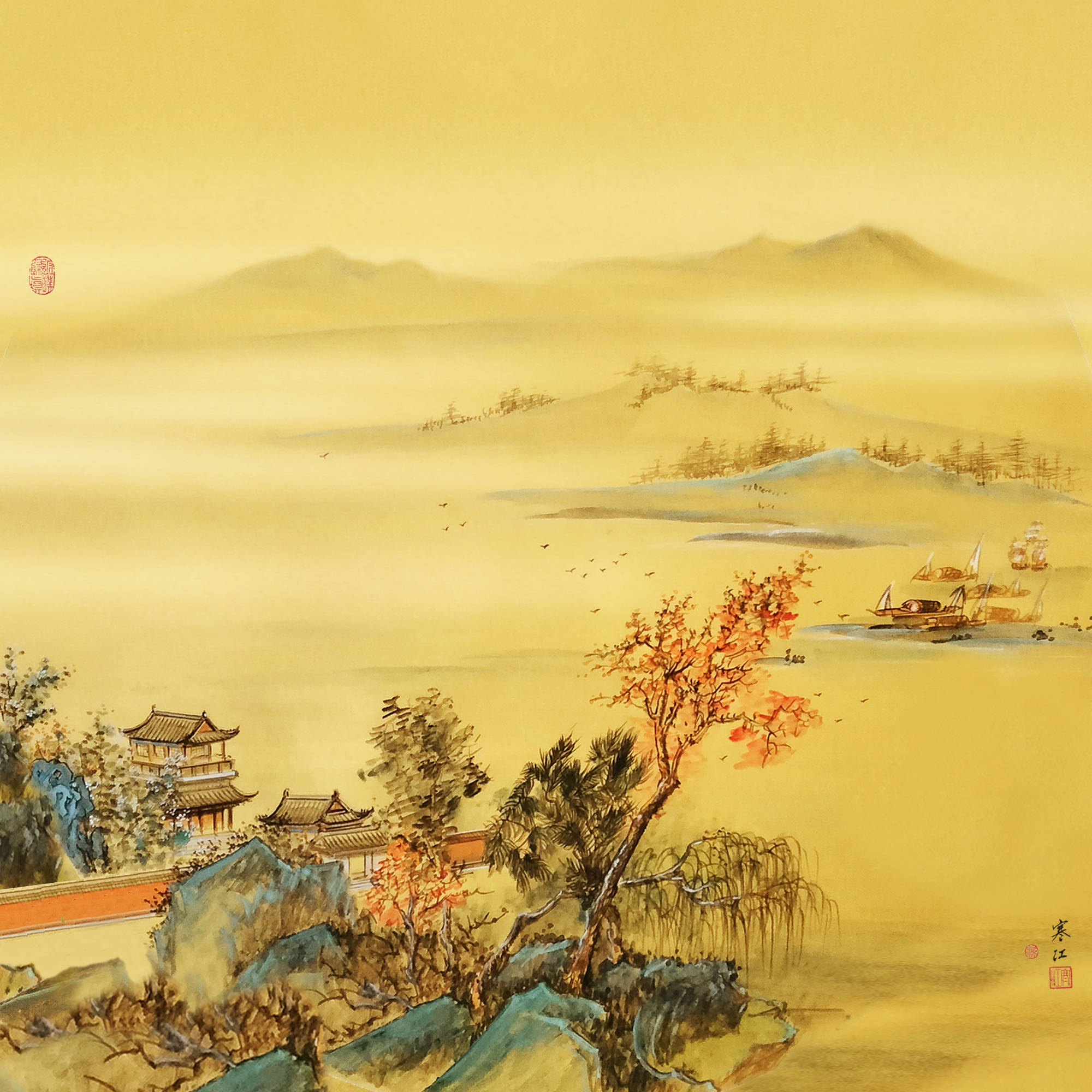 界画寒江---小写意《青绿山水界画》四幅