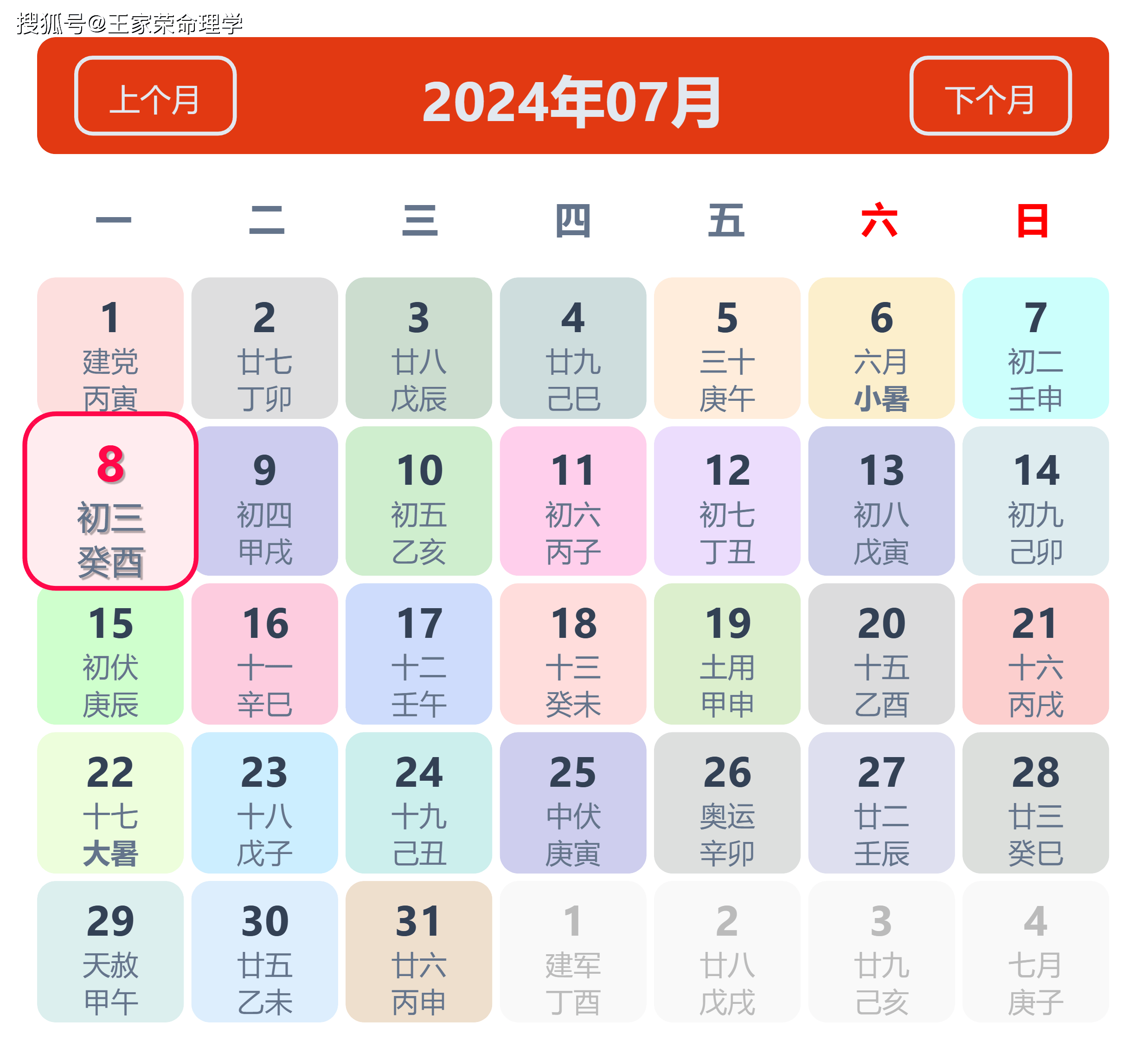 老黄历看日子生肖运势查询（2024年7月8日）