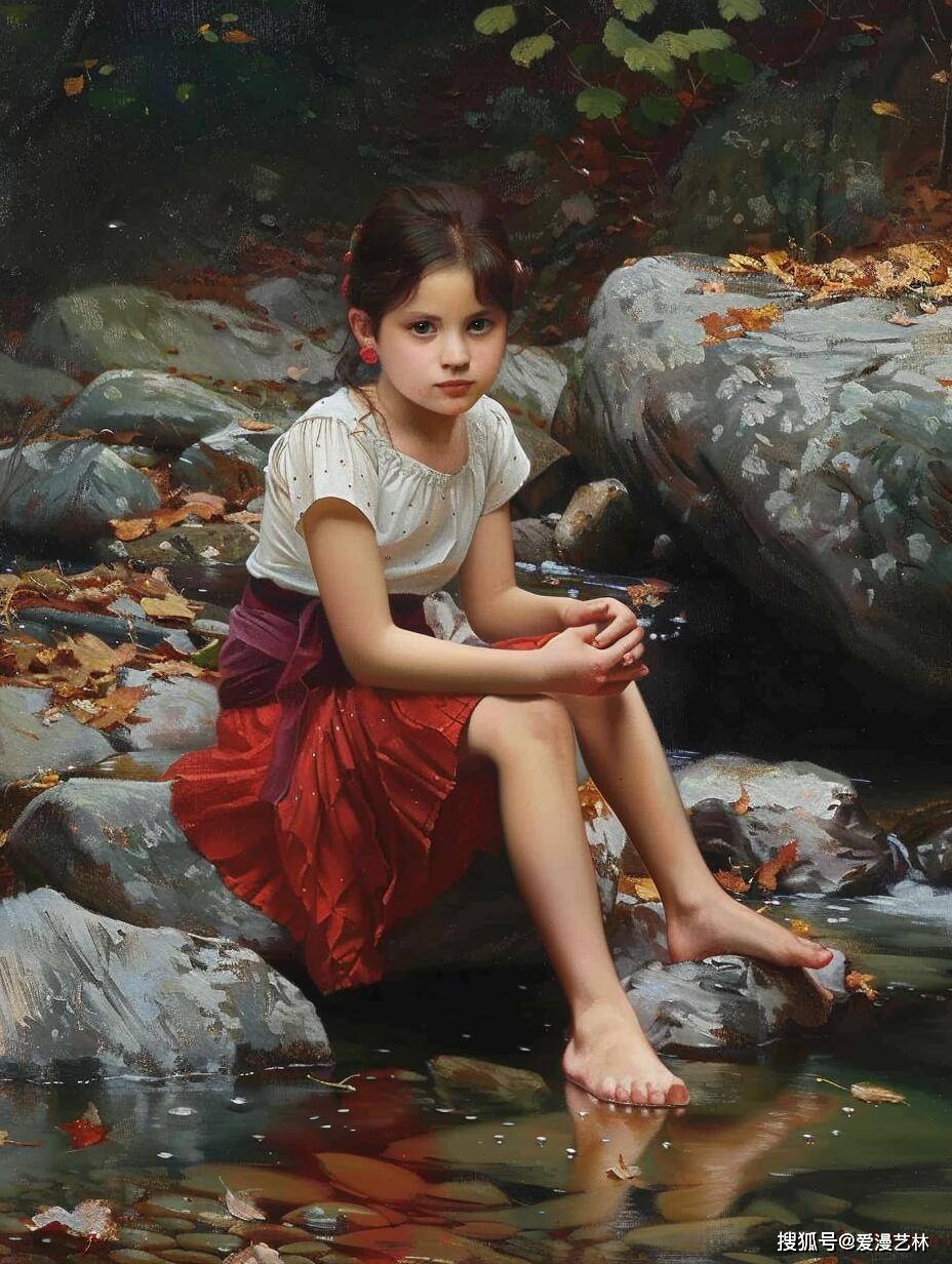 油画欣赏:池边的小女孩