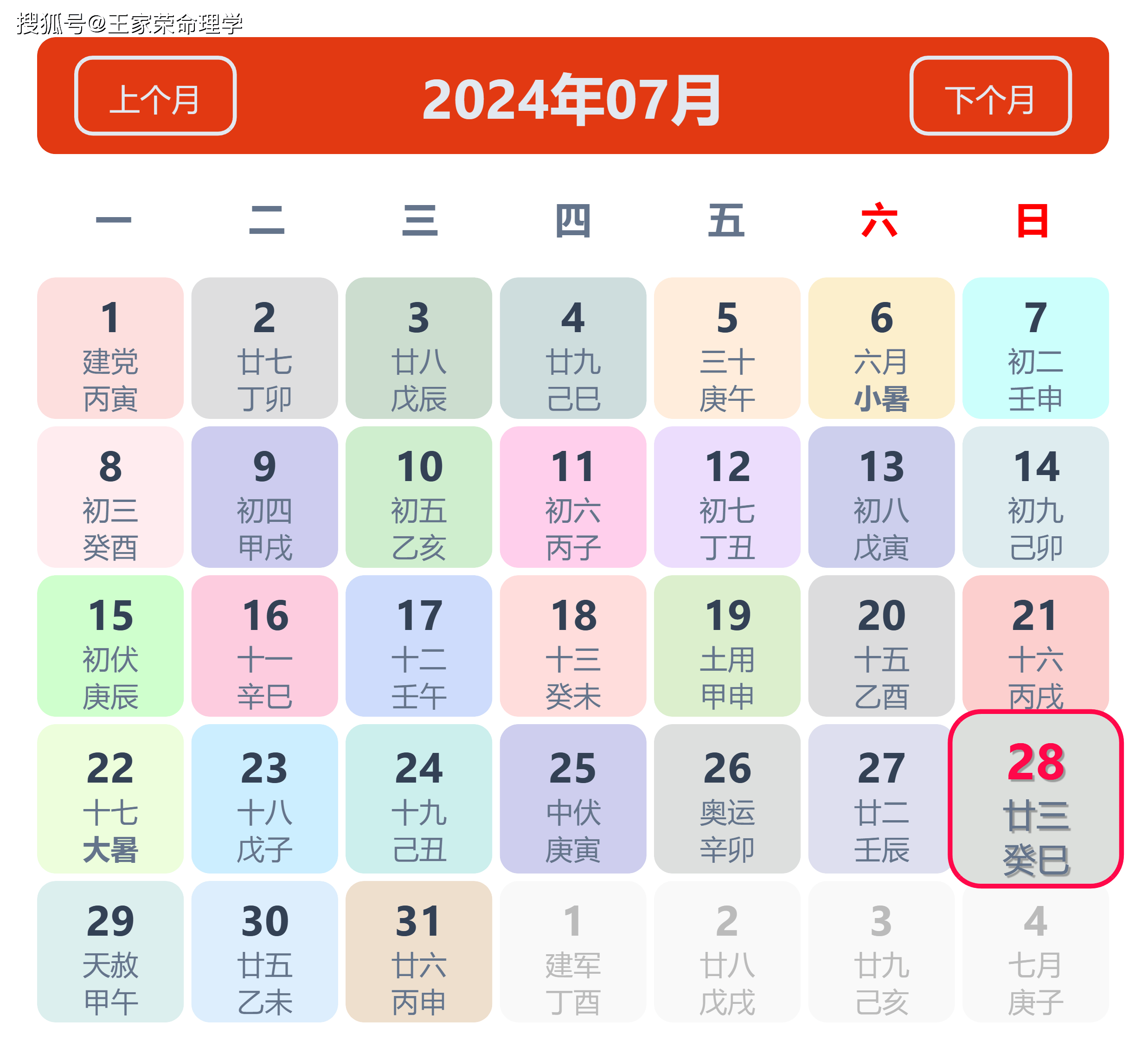 老黄历看日子生肖运势查询（2024年7月28日）