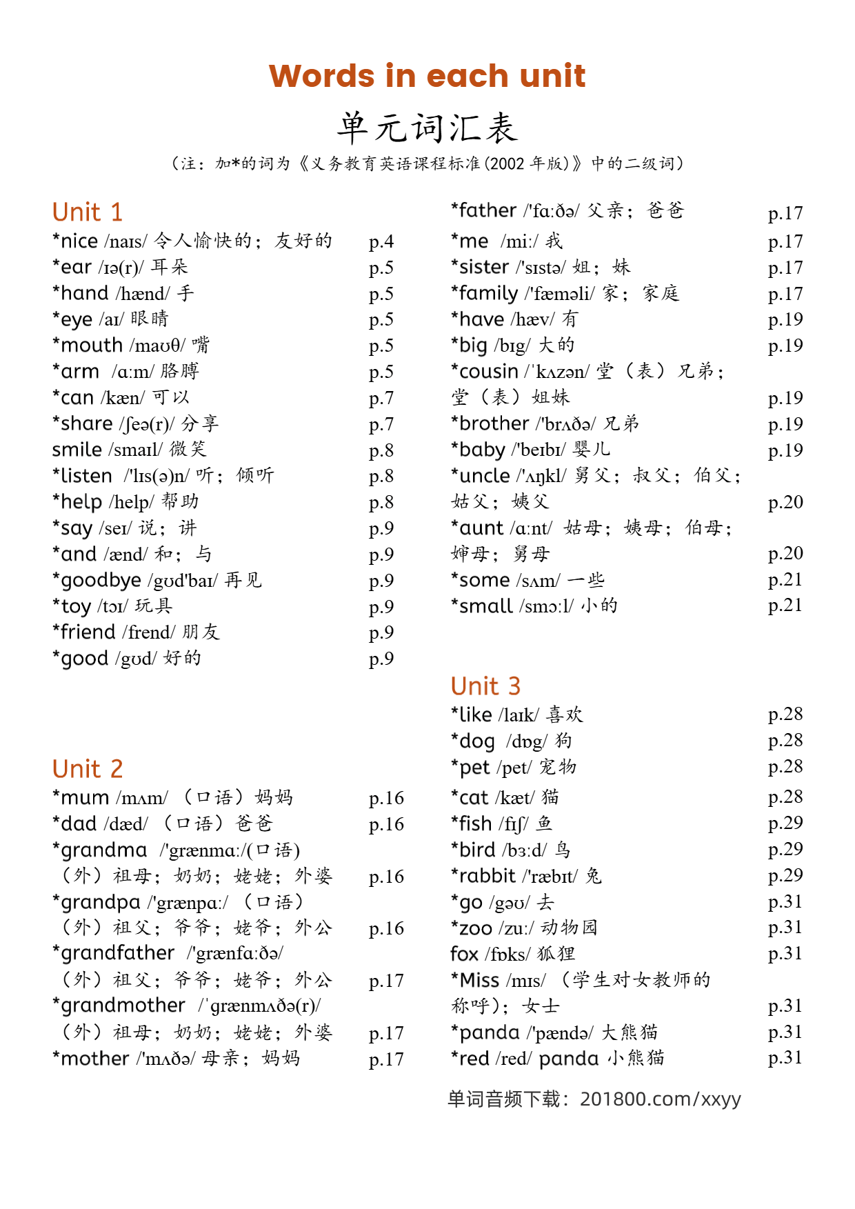 人教版小学三年级上册英语单词表新版教材1~6单元词汇表