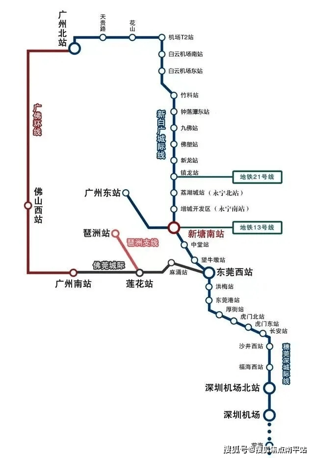 新白广城轨(在建中)1站白云机场,南向通达东莞和深圳.