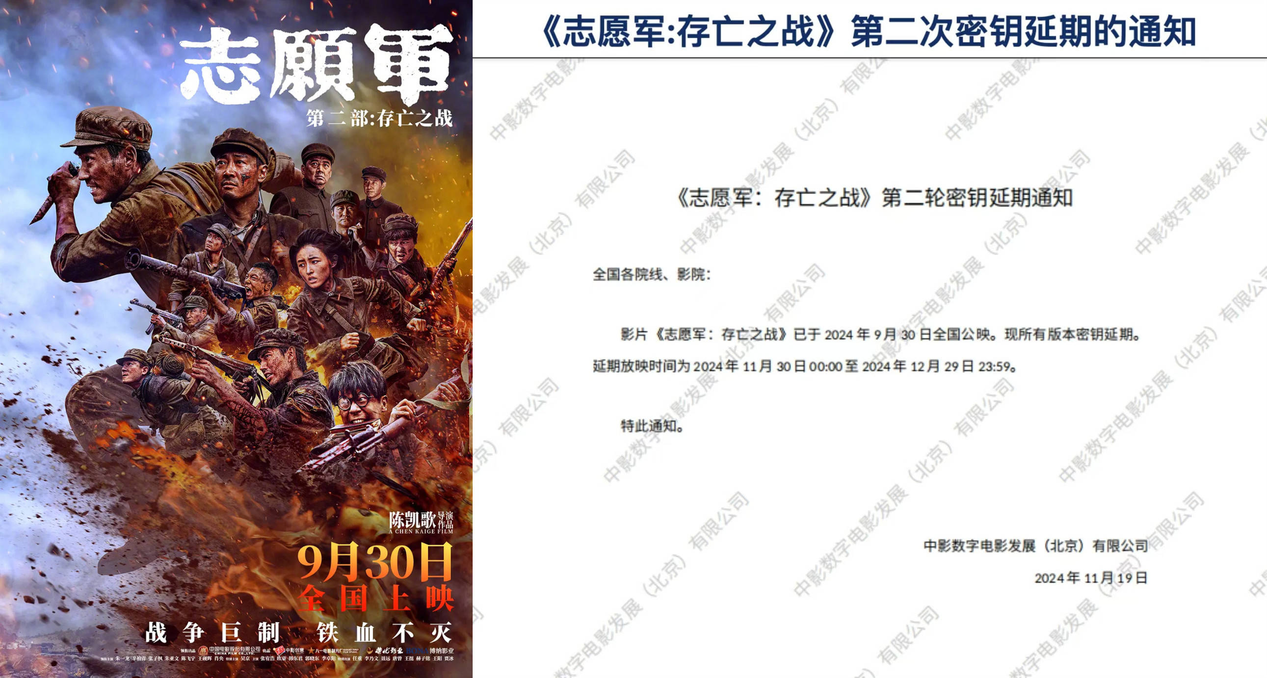 《志愿军：存亡之战》密钥再次延期至12月29日 上映第53天累计票房11.96亿