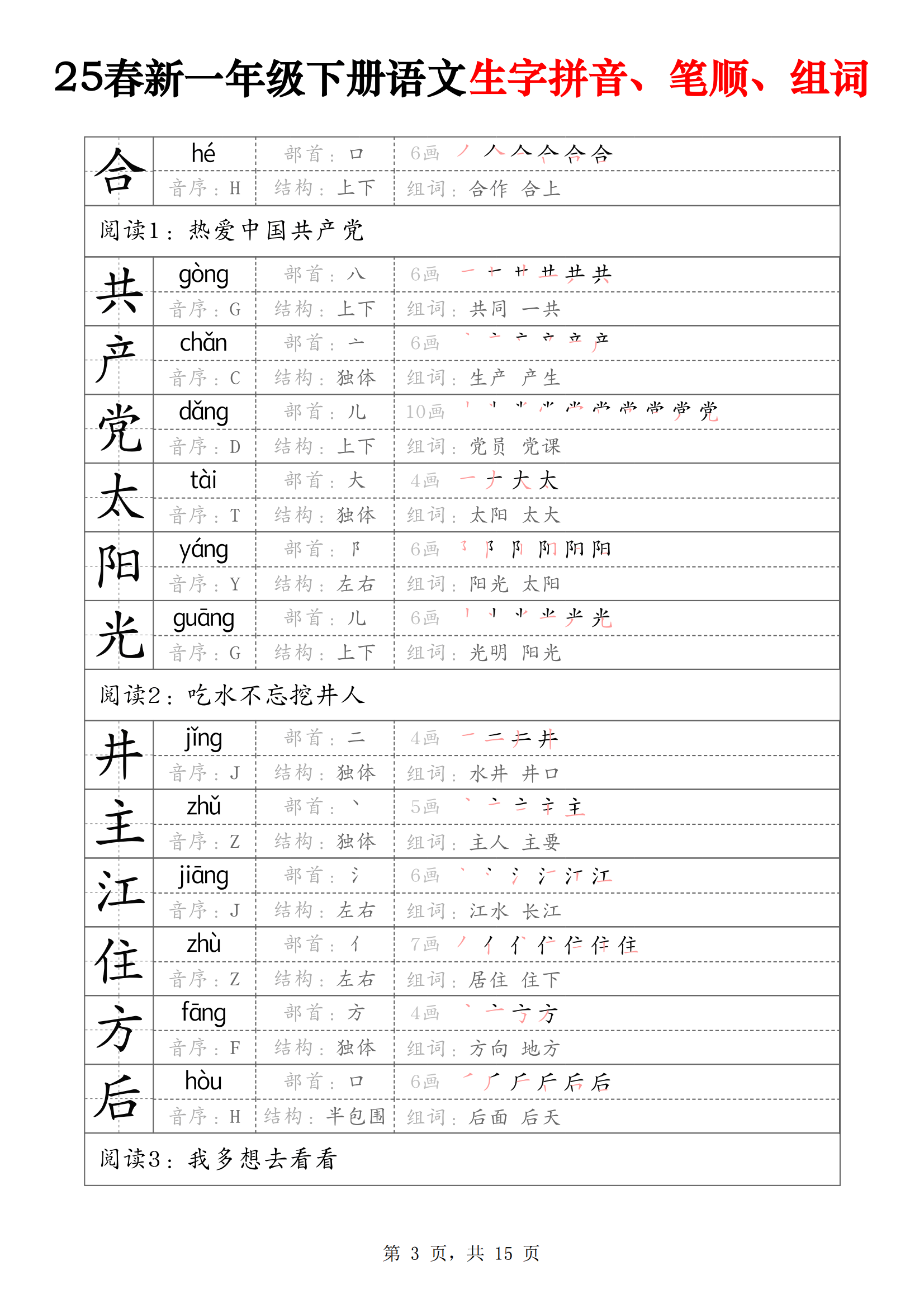 25新一年级下册语文生字拼音,笔顺,组词