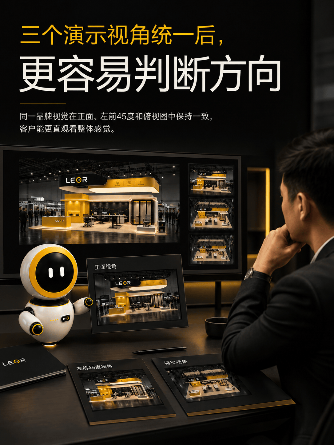 客户查看更新后的展台效果图并判断品牌方向