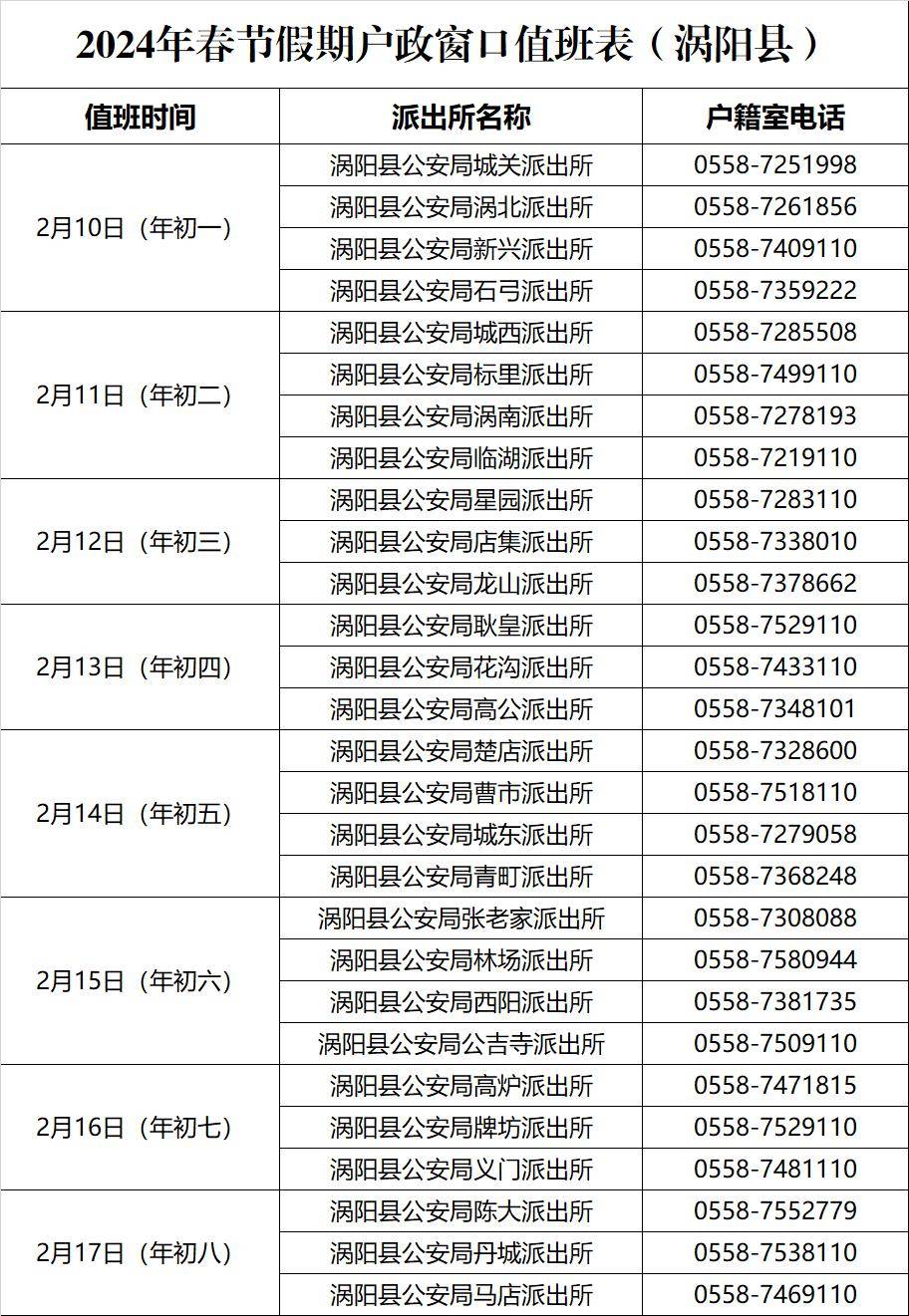 蒙城:春节期间户政窗口值班表出炉