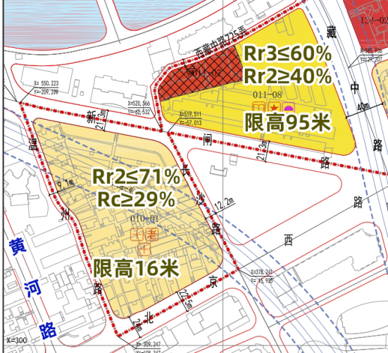 規劃方案示意圖10街坊,與黃河路僅有一街之隔,為住宅及混合用地,限高