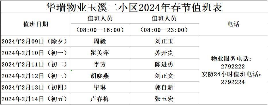 华瑞物业2024年春节值班表_小区_玉溪_小镇