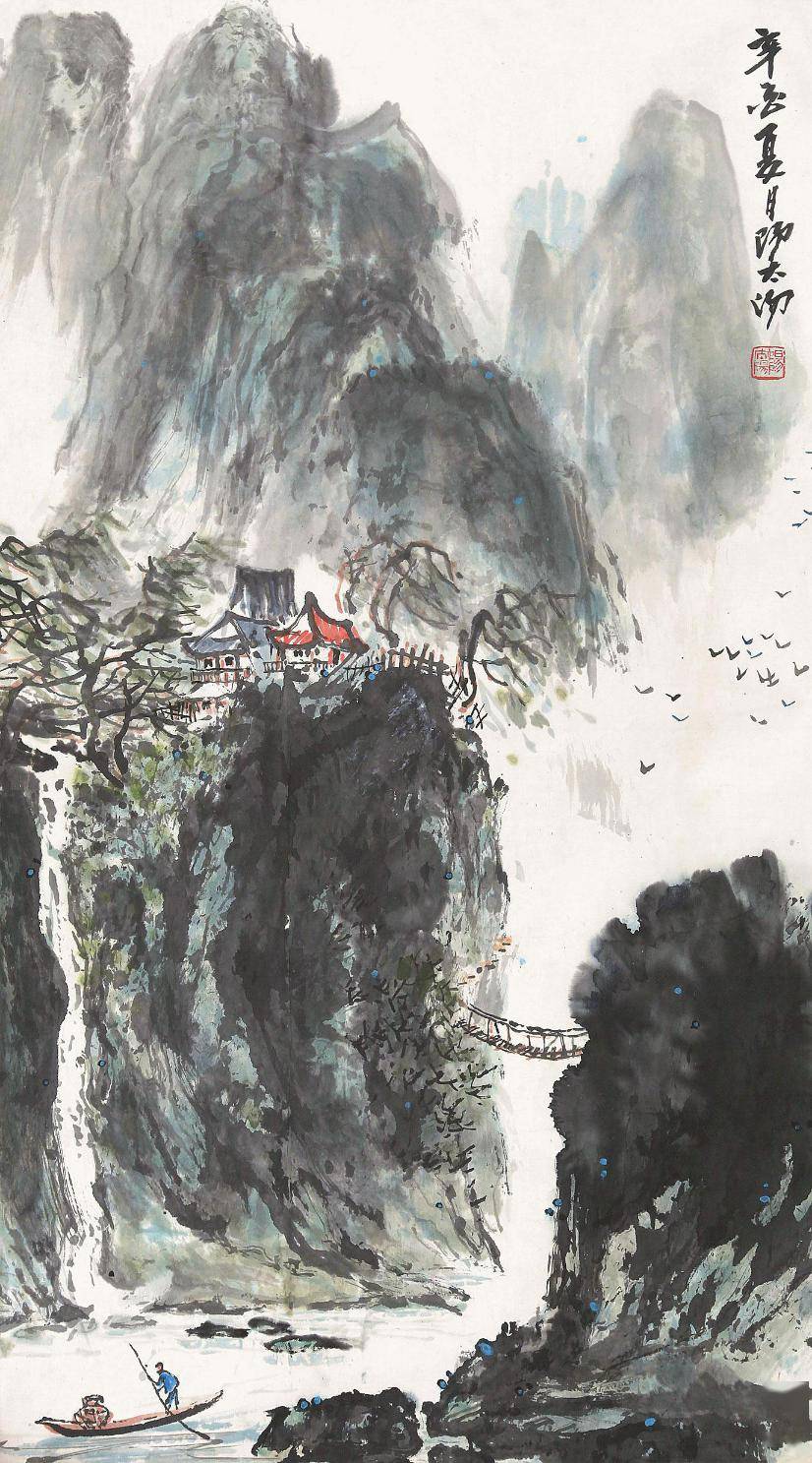 百岁老人画漓江,太美了_太阳_cm_纸本