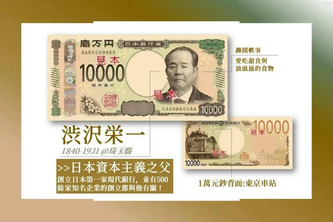涉泽荣一(渋沢栄一)新上面印刷的人物像是一万元纸钞上有福泽谕吉,是