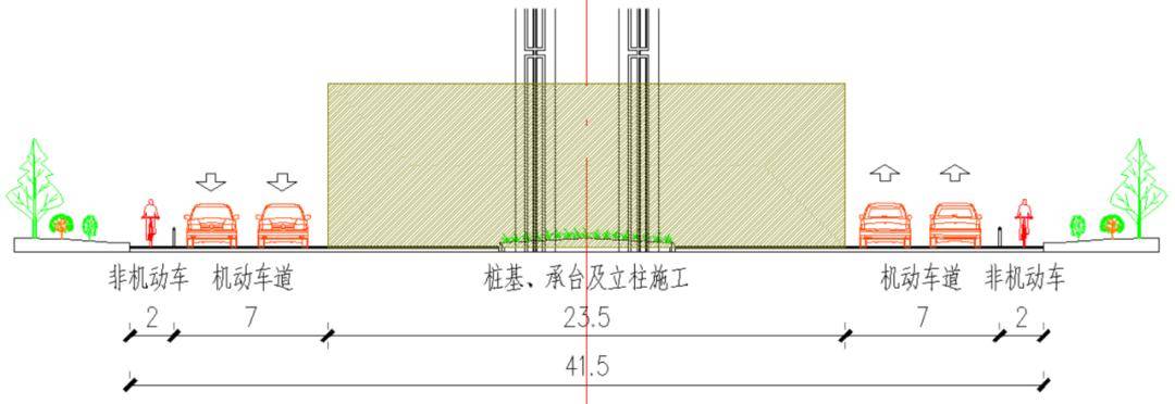 施工内容为桩基,承台及立柱,施工范围为长云路—里八字桥,现状施工