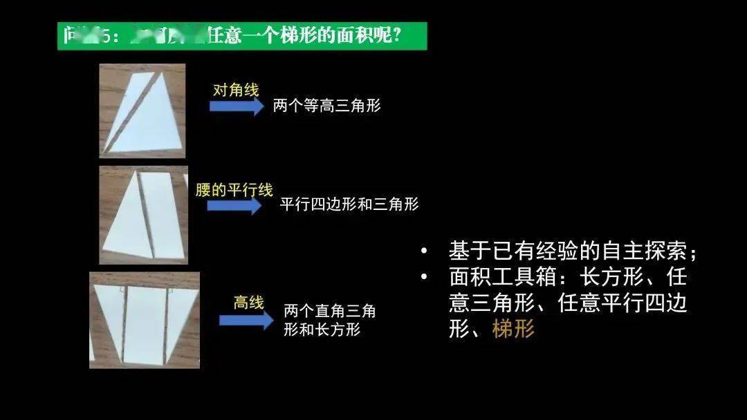 可以沿着对角线切割,梯形就变成了两三角形;也可以过一个顶点来做一个