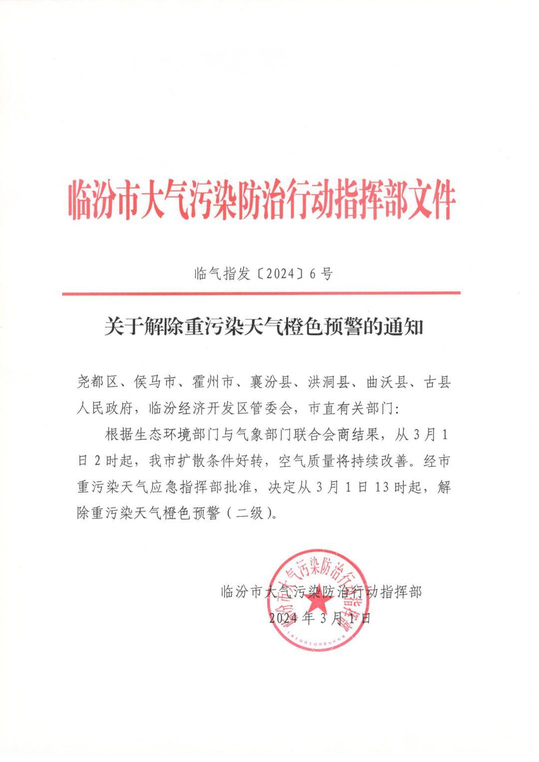 临汾:3月1日13时起,解除重污染天气橙色预警(二级)_部门_侯马市_霍州