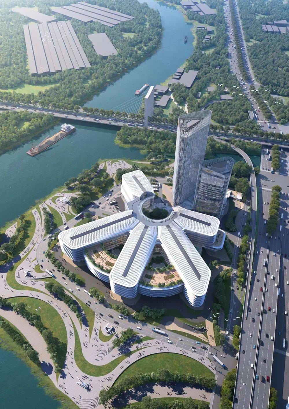 以橹尾大桥及港口路为界分为a,b两个地块,a地块以中心露天广场为圆心