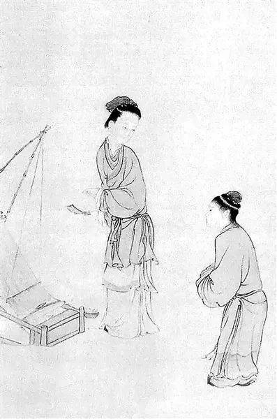 清代画家康涛绘《孟母断杼教子图》(局部).