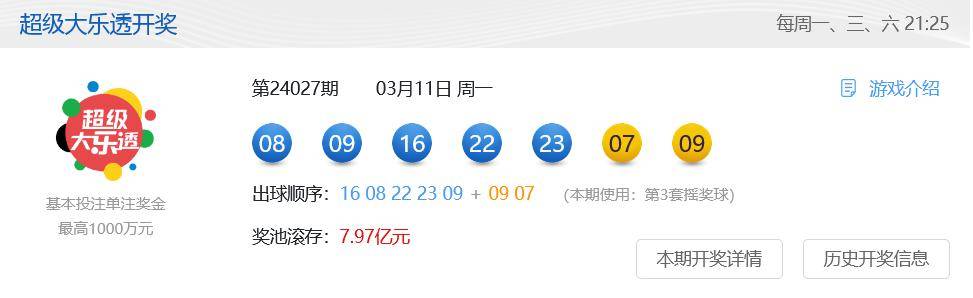 开奖大乐透开出11注一等奖奖池797亿元