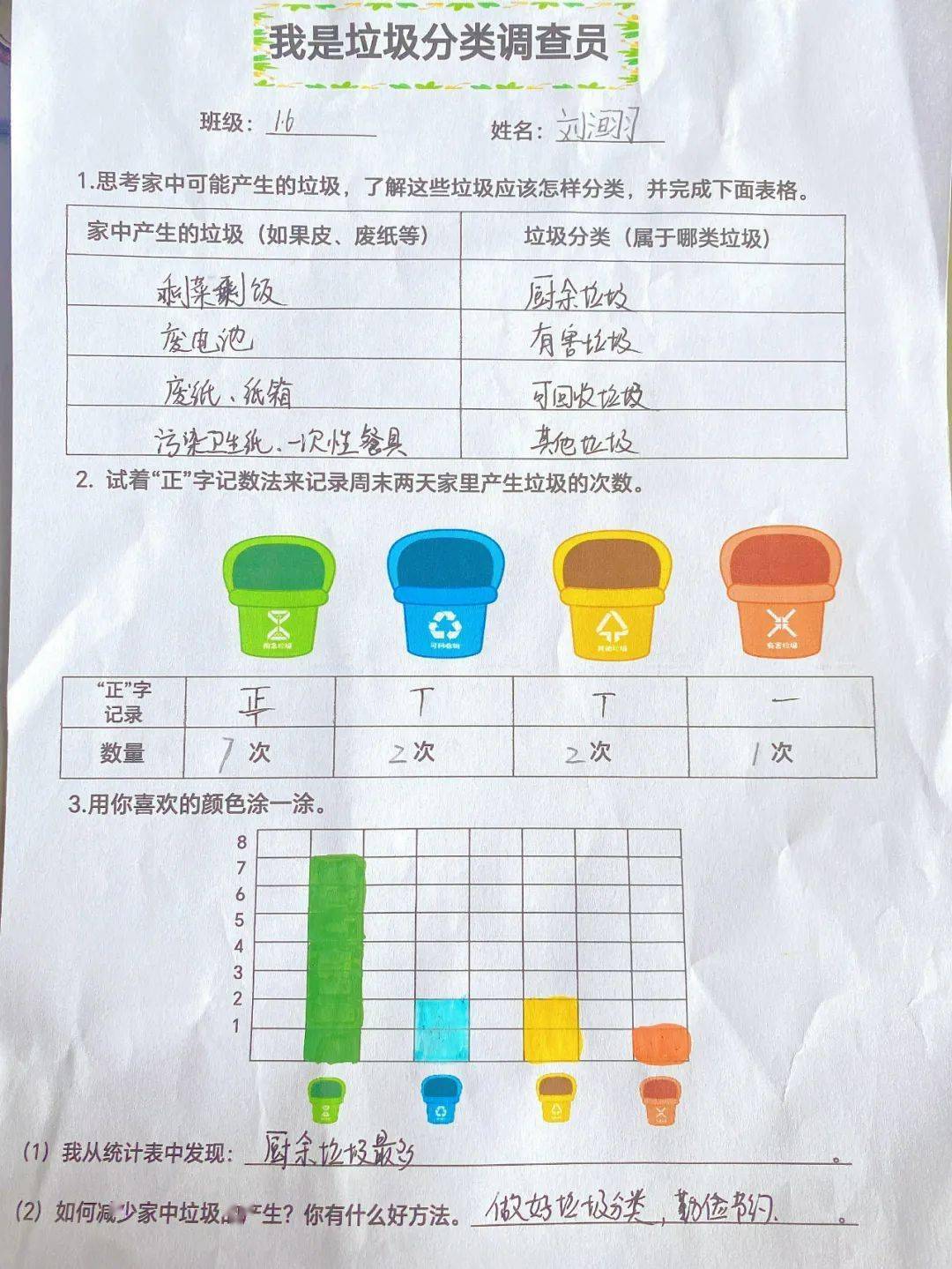 小学生垃圾分类表格图图片