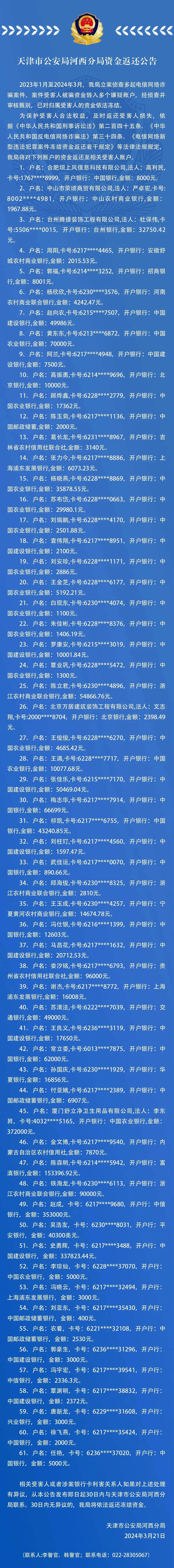 天津河西公安分局公告：将把涉电信诈骗的61个账户资金返还受害人