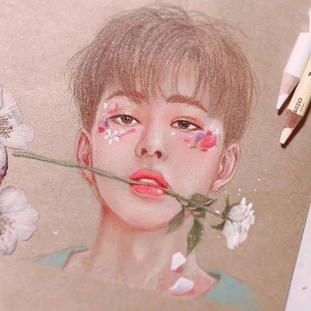 韩国彩铅手绘人物清新少女太清新太美了