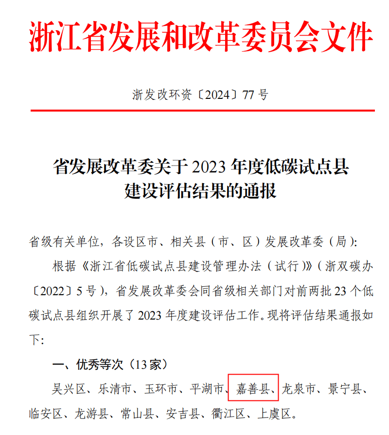 省发改委发文公布《关于2023年度低碳试点县建设评估结果的通报》