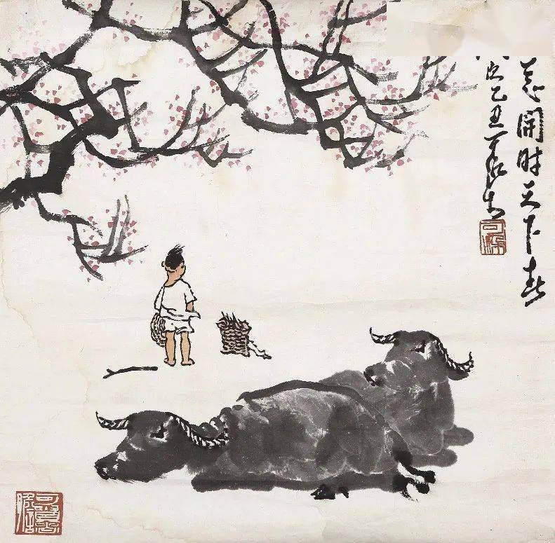 中国古美術・純手描き牧牛図三尺画芯・水墨画・李可染印款・書道品・宣紙・带水印 中国古美術・純手描き牧牛図三尺画芯・水墨画・李可染印款・書道