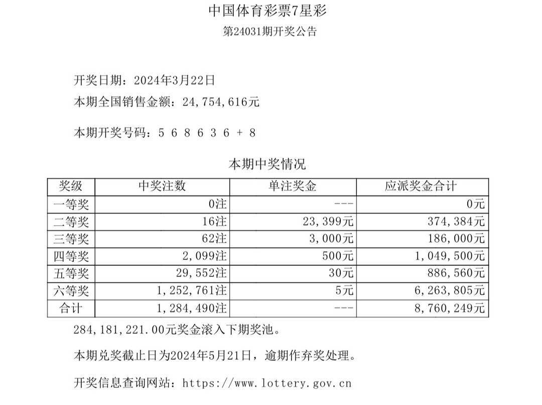 中国体育彩票排列3第24072期全国销售金额48912974元开奖号码341