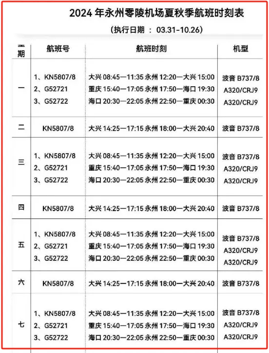 收藏2024年永州零陵机场夏秋季航班时刻表出炉