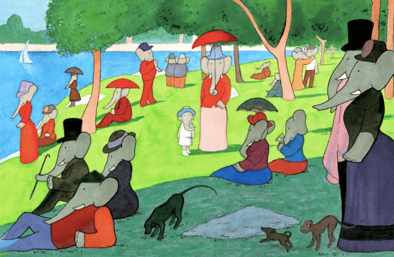 上图为乔治-皮埃尔修拉的《星期日下午在拉格兰德加特岛(1884-1886)》