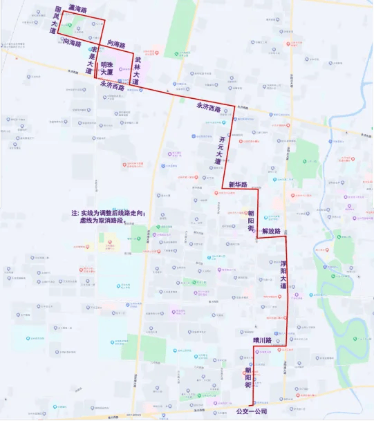 505路线路走向调整图增加站点:明珠大卖场,明珠小商品城,高庄子,高新