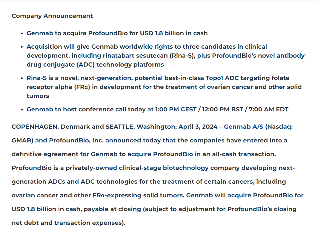 官宣了！欧洲抗体药巨头Genmab 将以18亿美元全现金的方式并购普方生物（ProfoundBio)_搜狐网