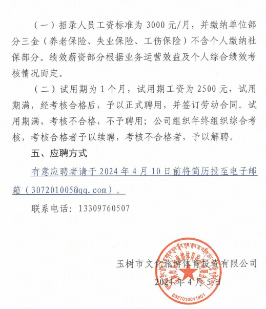 美美玉树玉树市文化旅游体育投资有限公司招聘公告