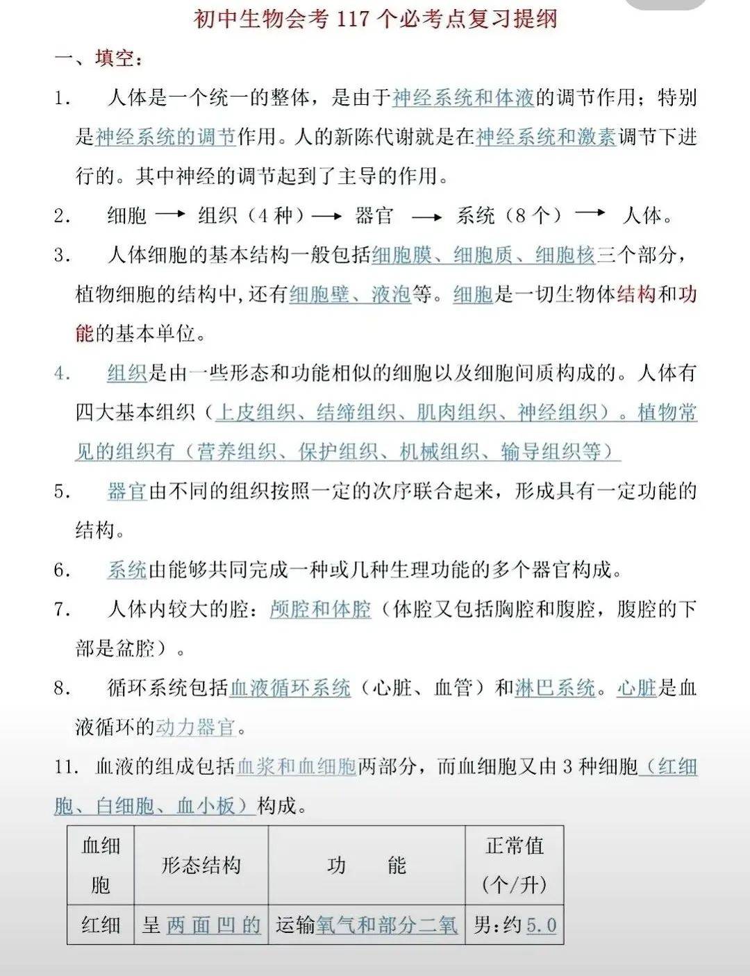 初中生物会考117个必考点,真的很重要!