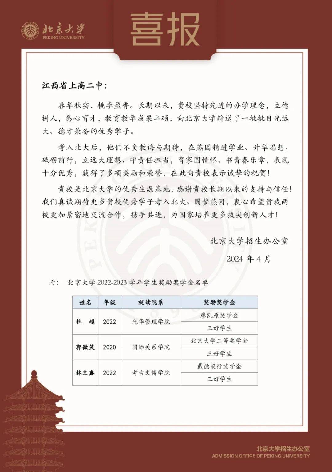 喜报!上高二中3位学子荣获北京大学六项奖励奖学金