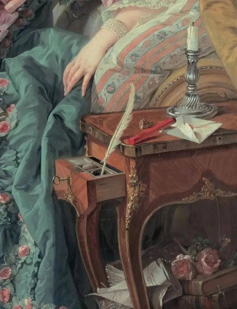 画作中蓬巴杜夫人肤色白皙,面带桃红,身着一袭华贵的裙,手里拿着一本