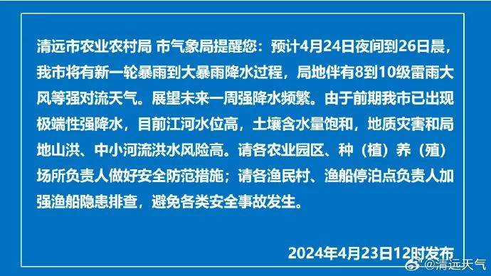 发布2024年4月23日天气预报:清远市气象局(2019年459毫米)4月雨量历史