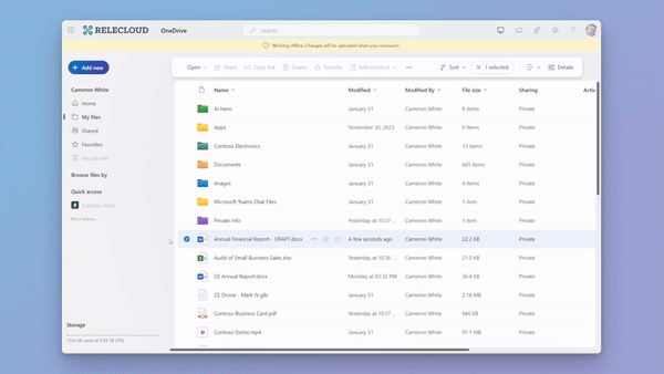微软网页版OneDrive云盘服务新增离线模式  并支持编辑保存