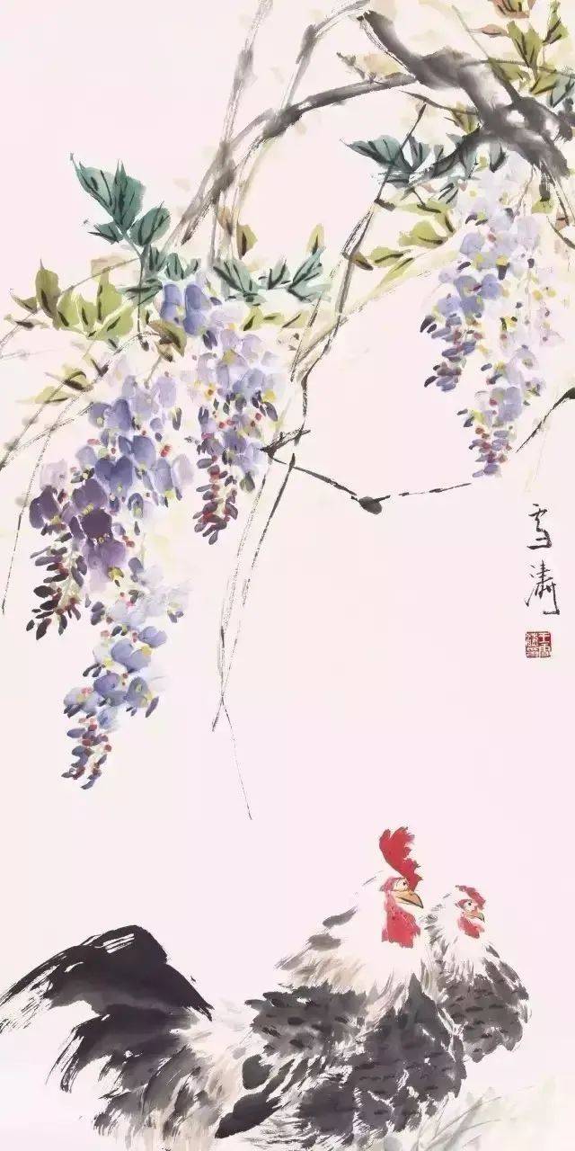 【中华文化】送您几幅王雪涛的紫藤大吉图!_母鸡_公鸡_审美