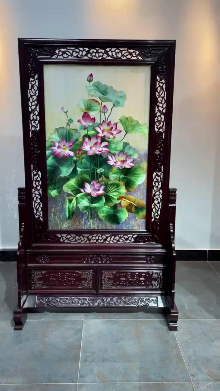 手工双面苏绣荷花屏风