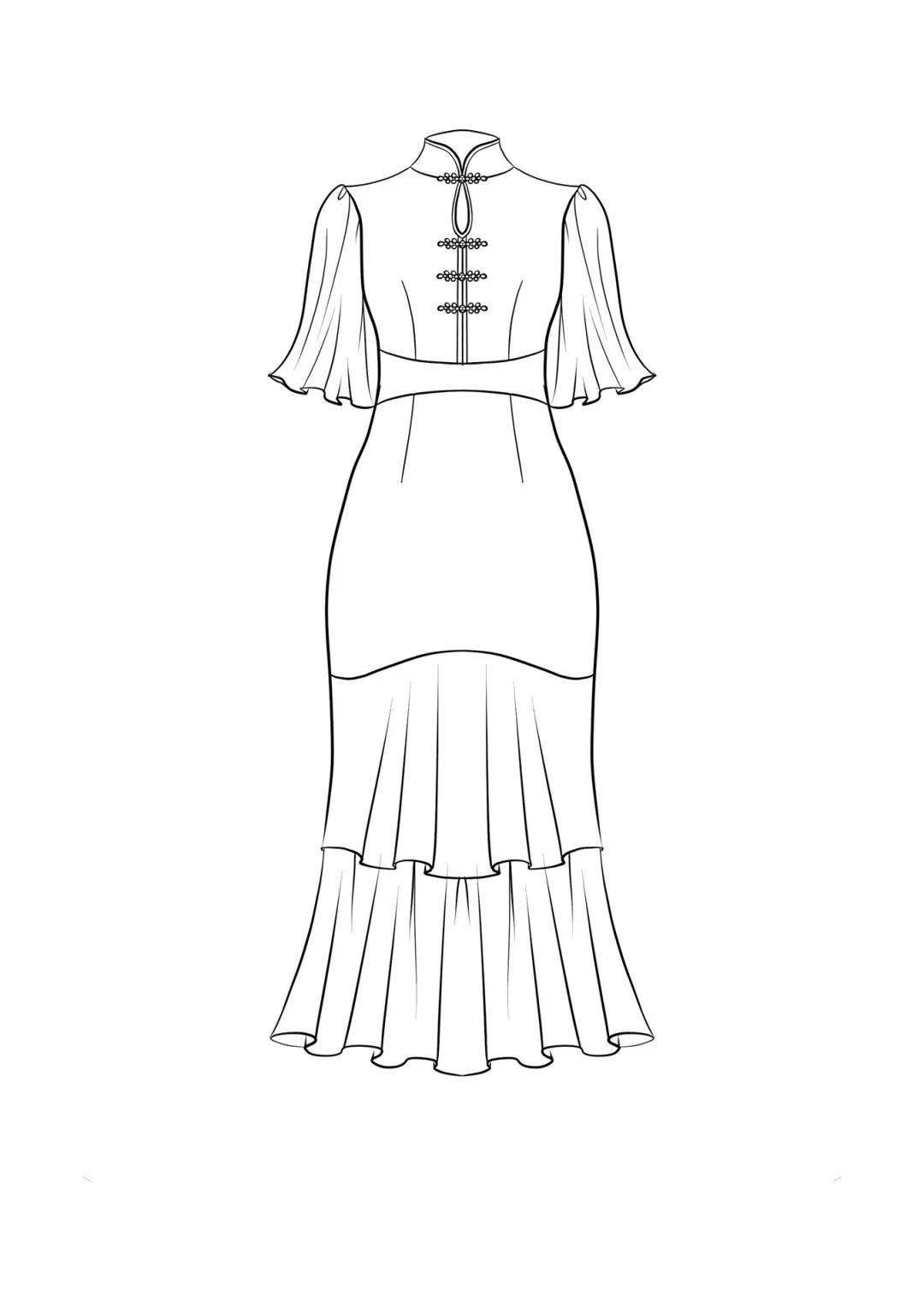 100款-新中式旗袍-平面结构款式图线稿!