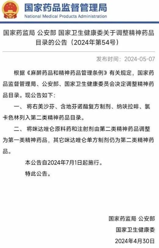 《关于调整精神药品目录的公告》,将右美沙芬,含地芬诺酯复方制剂