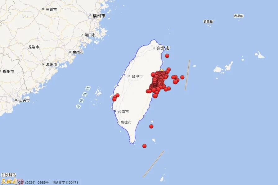 台湾共发生四级以上地震147次(根据速报管理规定,台湾四级以下地震不