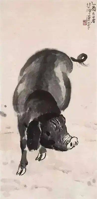 徐悲鸿 墨猪,浓淡刻画,趣味十足