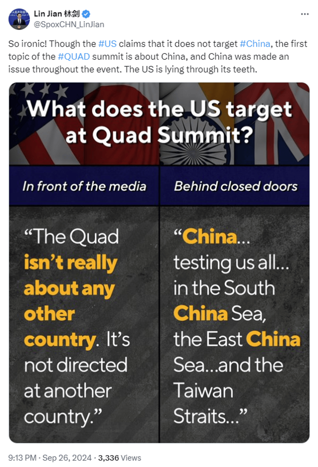 林剑发帖批美国“公开声称QUAD不针对其他国家,闭门却首谈中国”:真讽刺!美国在撒谎_地区_机制_峰会