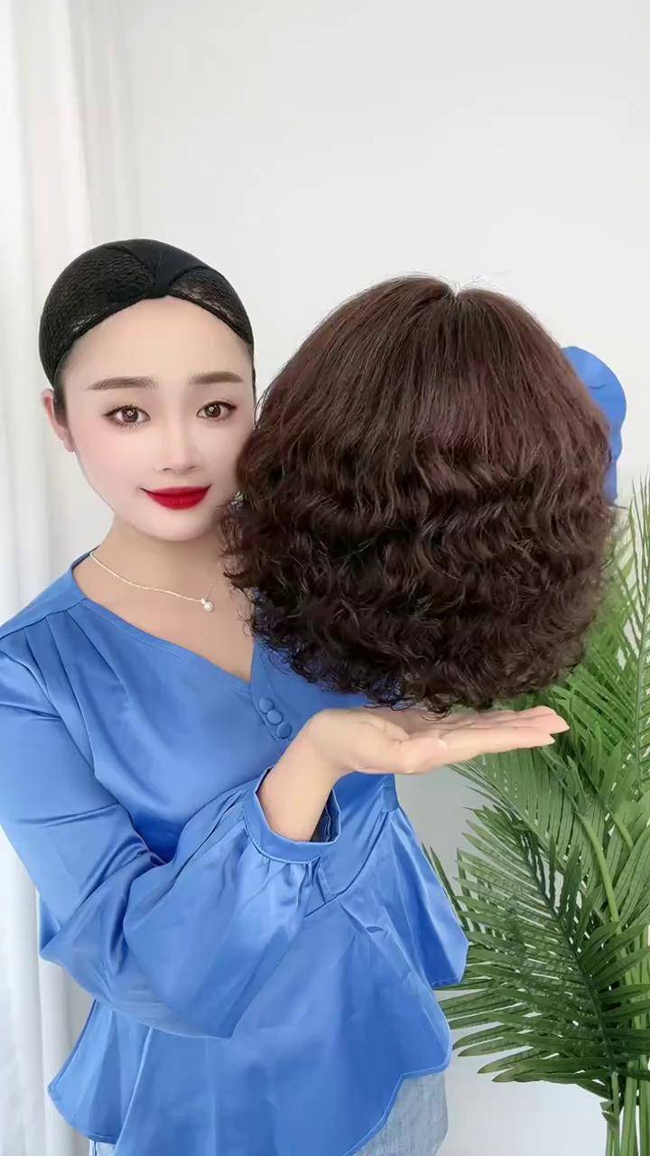 真发温柔气质优雅卷发,适合40-65岁妈妈佩戴,发丝根根分明全真发 假发