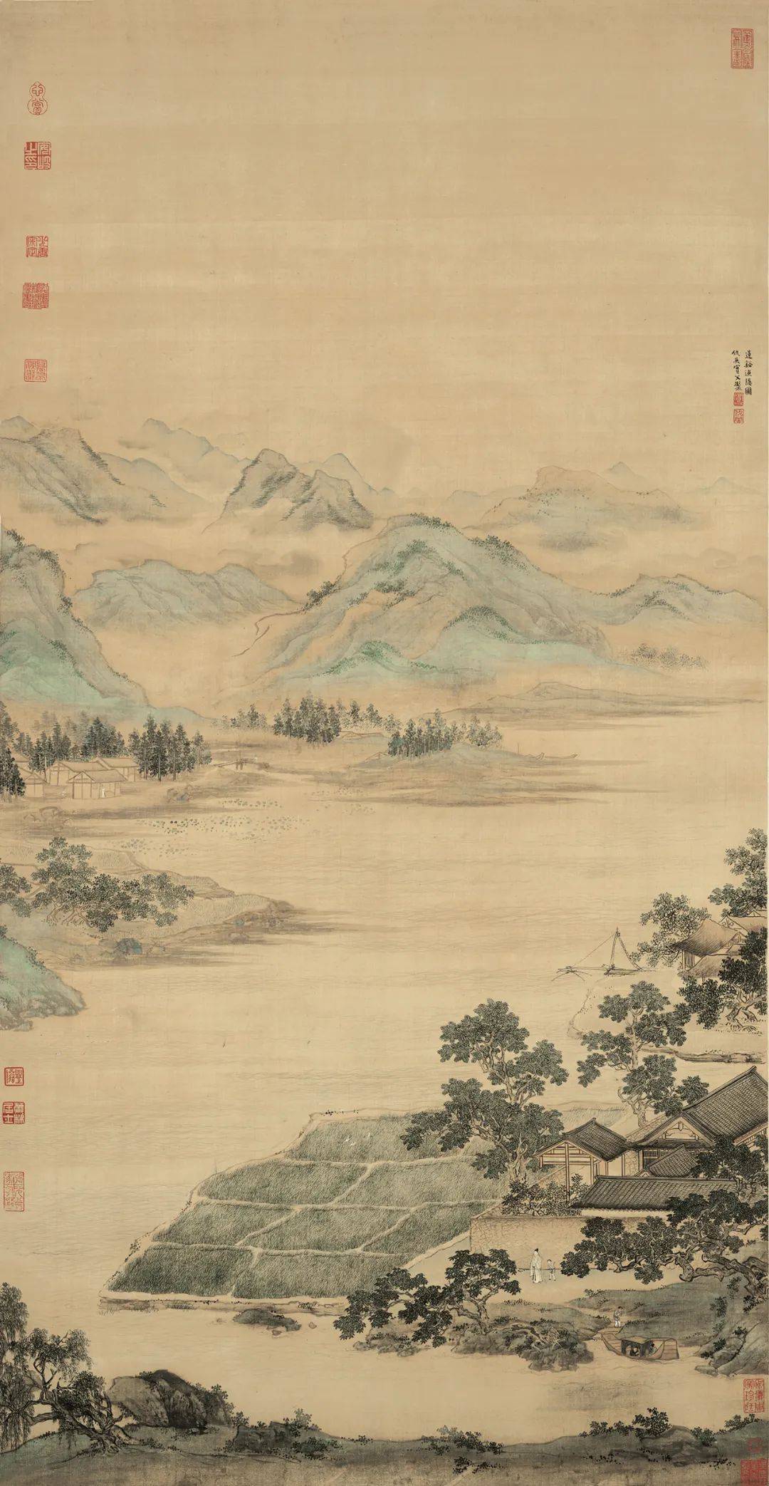 中国　工芸品　書画　掛軸　明・仇英「蓮溪漁隠圖」 　故宮博物院監製 V　1608 中国工芸品書画掛軸明・仇英「蓮溪漁隠圖」 故宮博物院監製 V1608