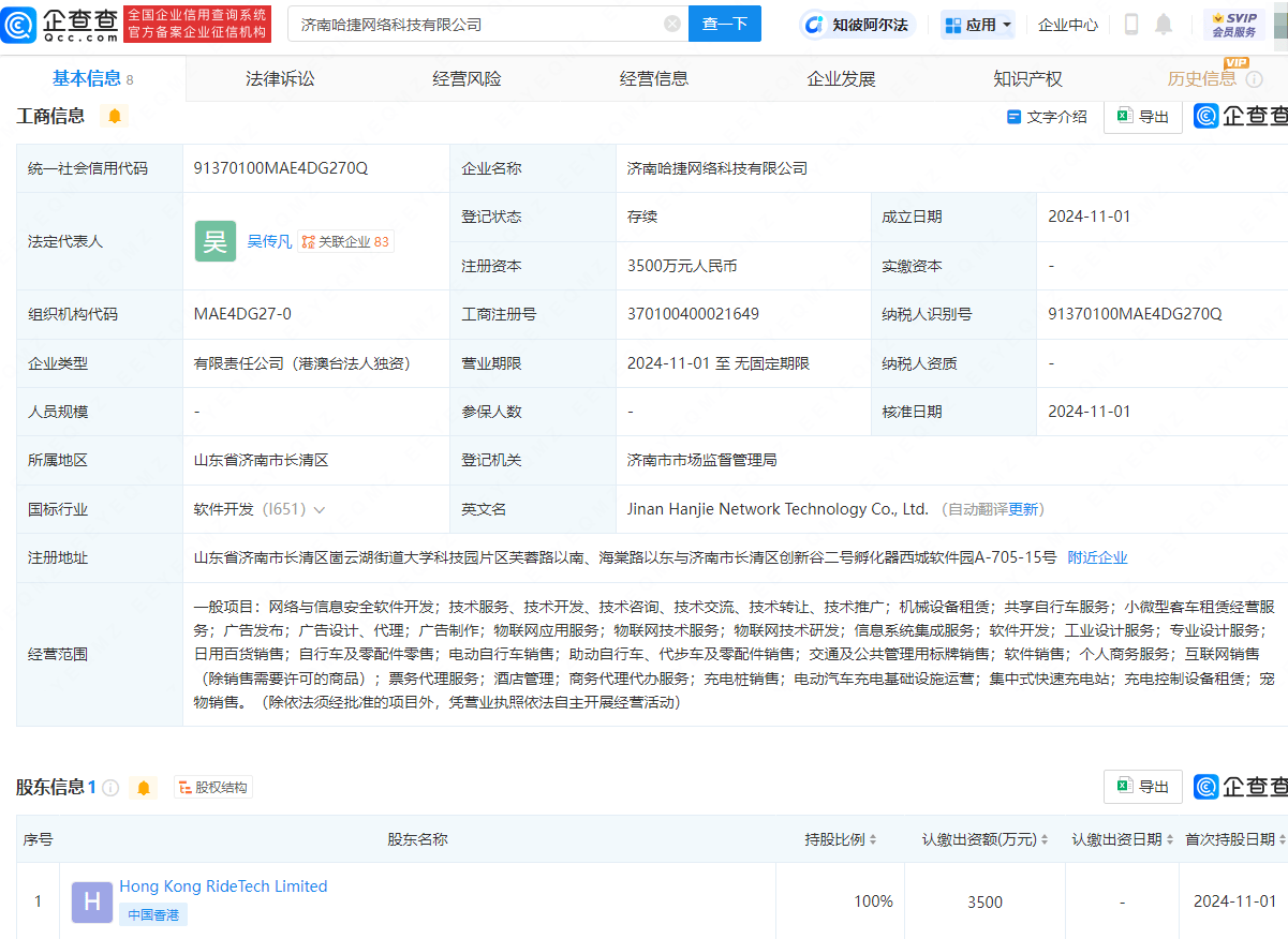 哈啰出行于济南成立科技新公司，含集中式快速充电站业务