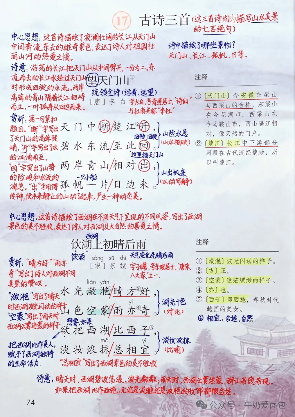 三年级上册语文，第17课《古诗三首》笔记+同步练习，收藏备用_园地_金色_大青